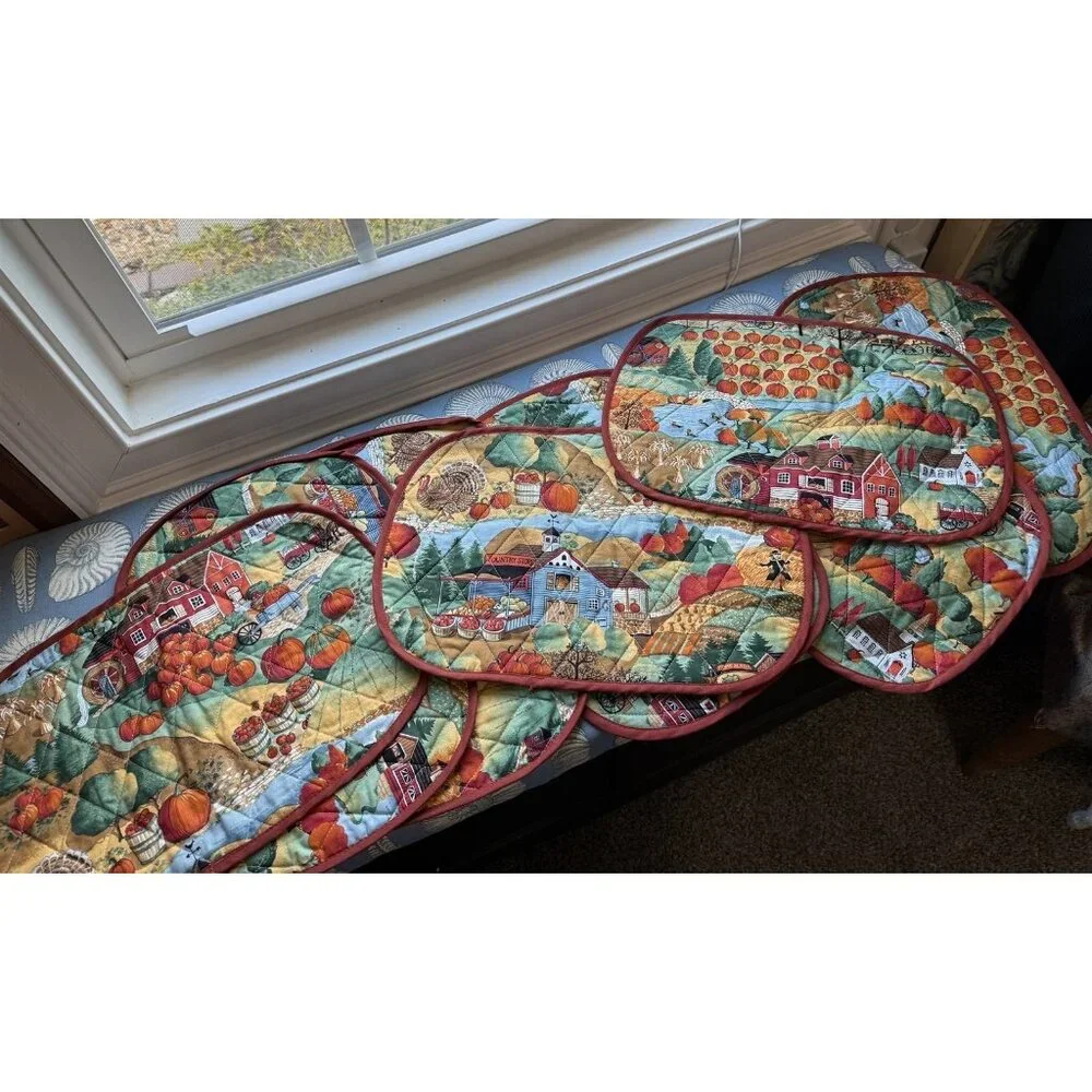 Autumn Harvest Quilted Placemats And Napkins Set Of 8 Country Farmhouse Scene